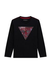 Zwarte longsleeve shirt met een driehoekig ontwerp met rode en zilveren accenten en het woord "GUESS" in vette letters. Gestructureerde stof met contrasterende stiksels.
