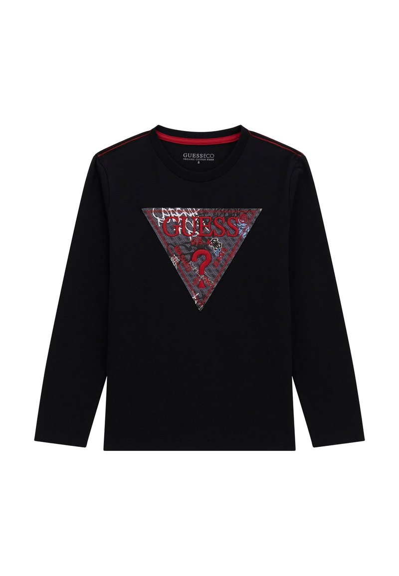 Zwarte longsleeve shirt met een driehoekig ontwerp met rode en zilveren accenten en het woord "GUESS" in vette letters. Gestructureerde stof met contrasterende stiksels.
