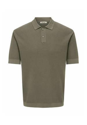 Polo a maniche corte verde oliva in maglia con due bottoni e colletto, polsini e orlo a coste.