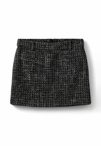 Sort og hvid tweed mini nederdel med en struktureret design, der har en glat talje og subtil tekstur, uden synlige lommer eller udsmykninger.
