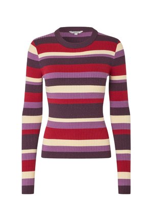 Langærmet ribbestrikket sweater med lodrette striber i rød, lilla og cremefarvet samt en rund halsudskæring. Blød tekstur, tætsiddende silhuet.