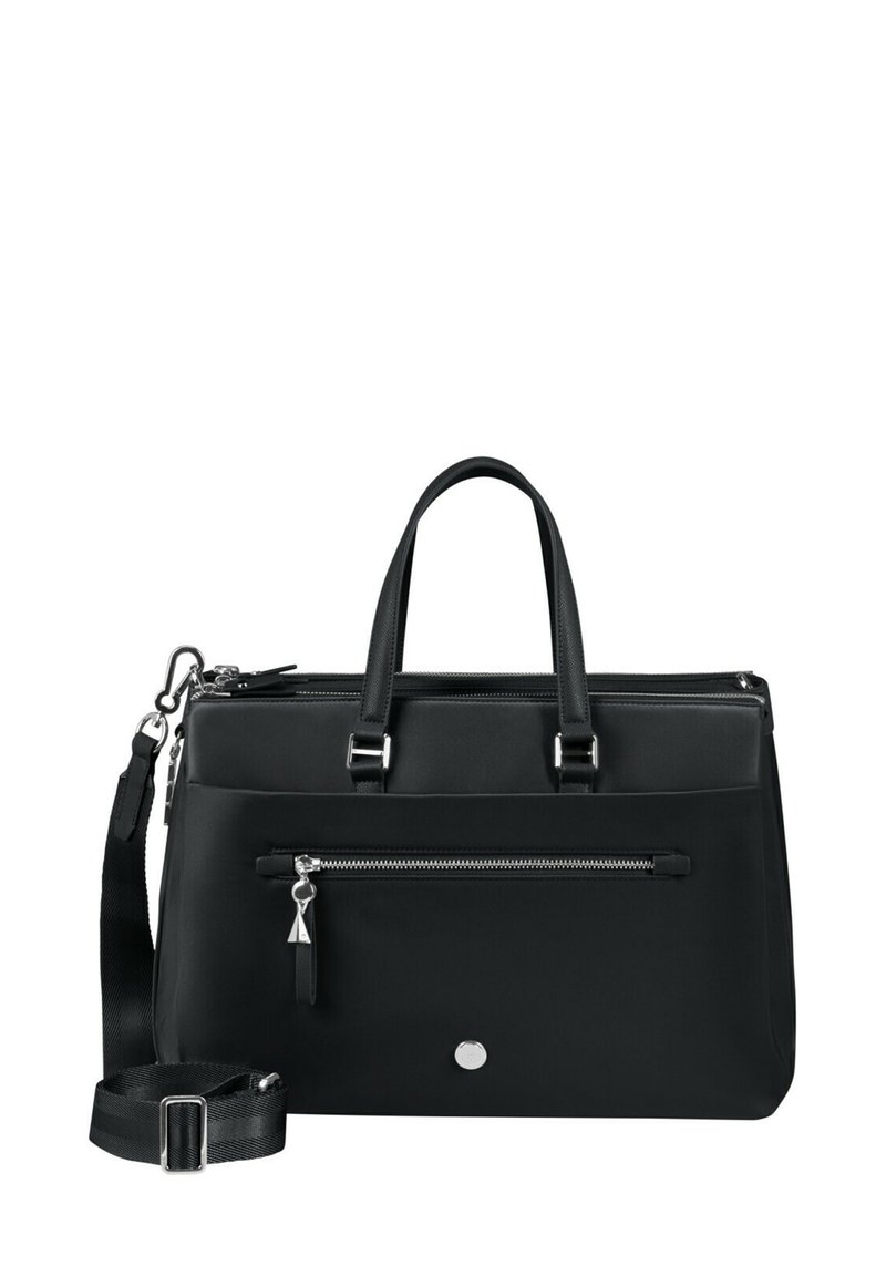 Black nylon handbag with dual top handles, detachable shoulder strap, front zip pocket, silver hardware, and sleek, minimalist design.