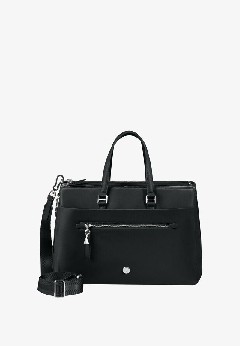 Black nylon handbag with dual top handles, detachable shoulder strap, front zip pocket, silver hardware, and sleek, minimalist design.