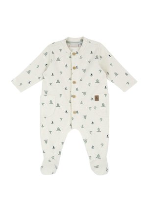 Jumpsuit per bambini in cotone crema con maniche lunghe, chiusura a bottone, tasche e motivi a barca verdi su tutto il capo. Tessuto morbido e lavorato.
