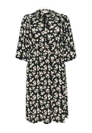 Schwarzes Kleid mit weißem Blumenmuster, V-Ausschnitt, dreiviertel Ärmel und Bindegürtel. Leichter Stoff mit lässiger Passform.