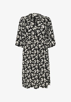 Zwarte jurk met witte bloemenprint, V-hals, driekwartemouwen en striktaille. Lichtgewicht stof met een ontspannen pasvorm.