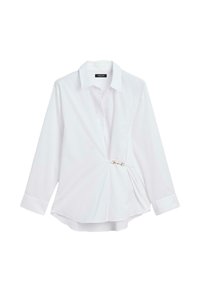 White long-sleeve shirt with a pointed collar, featuring a crossover design and a gold-tone hardware accent on the side. Smooth fabric texture.