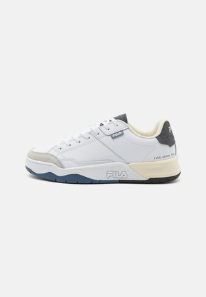 White athletic shoe with gray accents, synthetic material, lace-up design, textured toe cap, and a blue rubber sole featuring branding.