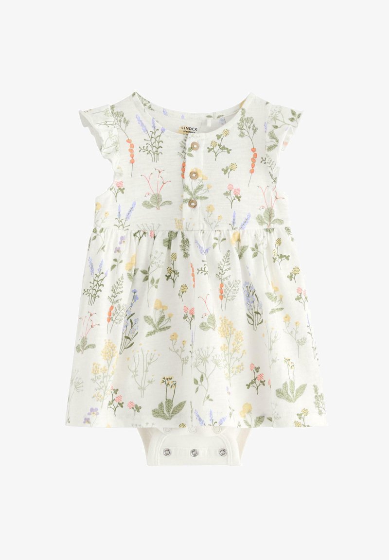 Blomstermønstrede babydress i let stof, med flæseærmer, tre knaplukninger og trykknapper i bunden for nem omklædning.