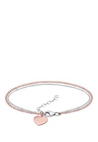 Zweifarbiges Armband mit einer Roségoldkette, die mit einer Silberkette verwoben ist, ergänzt durch einen rosa Herzanhänger und einen Karabinerverschluss.