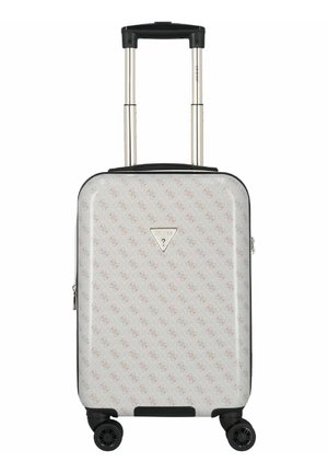 Valise rigide blanche avec un motif de logo subtil, des accents noirs, une poignée rétractable et quatre roues pivotantes pour une mobilité facile.