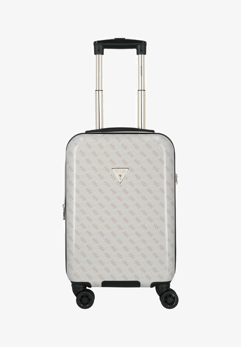 Hartschalenkoffer in Weiß mit dezentem Logo-Muster, schwarzen Akzenten, ausziehbarem Griff und vier drehbaren Rädern für einfache Mobilität.