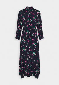 Dlouhé šaty na knoflíky z tmavě modré látky se květinovým vzorem s růžovými a bílými květy. Obsahuje opasek na zavázání a dlouhé rukávy.