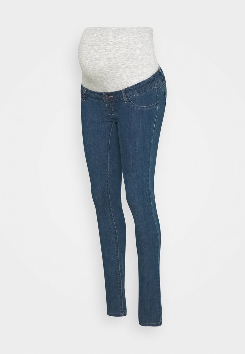 Graviditets skinny jeans i mörkblå denim, med en stretchig grå midja för stöd och en figursydd ben-design.