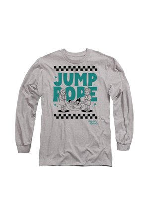 Long-sleeve gray t-shirt featuring a black and teal graphic reading "JUMP ROPE" with two children and a jumping figure, outlined in black.