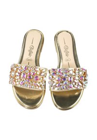Gyldne sandaler med bred, dekorert stropp prydet med fargerike rhinestones, som gir en glansfull overflate og behagelig design.
