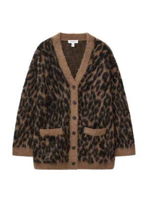 Braun-schwarze, flauschige Strickjacke mit Leopardenmuster, V-Ausschnitt, fünf Knöpfen und zwei Fronttaschen.