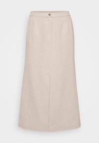 Beige midi skjørt laget av strukturert stoff, med knappelukking, frontfolder og en enkel sidelomme for praktisk detalj.