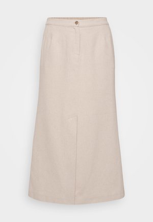 Bež midi suknja od teksturiranog materijala, s kopčanjem na dugme, prednjim nabranjem i jednim bočnim džepom za funkcionalnost.