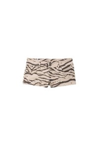 Beige and brown zebra print denim shorts with belt loops, front pockets, and double button closure.