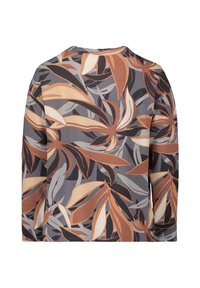 Long-sleeve shirt featuring a floral pattern with shades of brown, gray, and cream. Soft, textured fabric with a crew neckline.