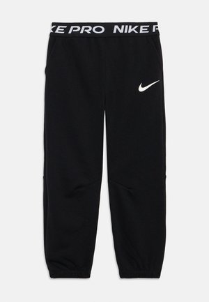 Fekete Nike Pro melegítőnadrág, elasztikus derékkal, bal combján fehér logóval, és szűkített bokával.
