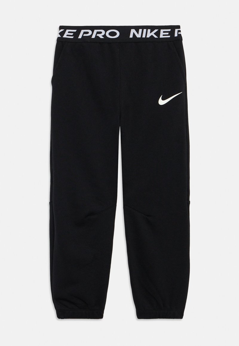 Black Nike Pro sweatpants with elastic waistband, featuring a white logo on the left thigh, and tapered cuffs at the ankle.