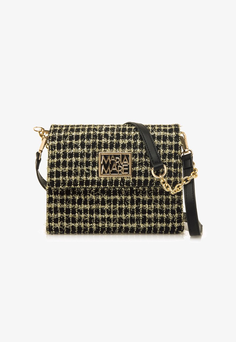 Schwarze und goldene Tweed-Handtasche mit strukturierter Form, ausgestattet mit einem goldenen Logo-Schild, schwarzen Lederelementen und einem abnehmbaren Kettenriemen.