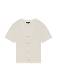 Cárdigan de punto color crema con mangas cortas, escote en V y cinco botones de madera en la parte delantera. Tejido texturizado con un patrón sutil.