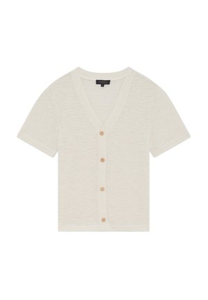 Gebreide crèmekleurige cardigan met korte mouwen, V-hals, en vijf houten knopen aan de voorkant. Geprononceerde stof met een subtiel patroon.