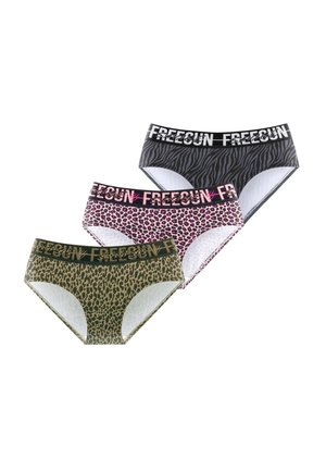 Trois culottes hipster pour femmes avec imprimés animaux : zèbre noir, léopard rose et léopard vert, chacune avec une ceinture élastique de marque "FREEGUN".