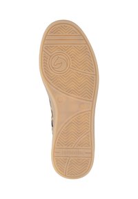 Laufsohle eines Sneakers mit einer strukturierten, gummiartigen Oberfläche in hellem Beige, mit Zickzackmustern und einem runden Logo. Das Design betont die Traktion.