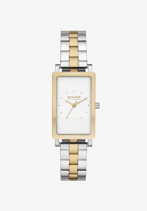 Rectangular silver and gold wristwatch with white dial, gold hour markers and hands, and two-tone metal link band, brand Skagen Denmark.