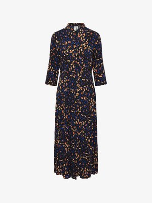 Langes, schwarzes Kleid mit Dreiviertelärmeln, das ein lebhaftes Muster aus orange, blau und beige abstrakten Formen auf einem weichen, fließenden Stoff zeigt.