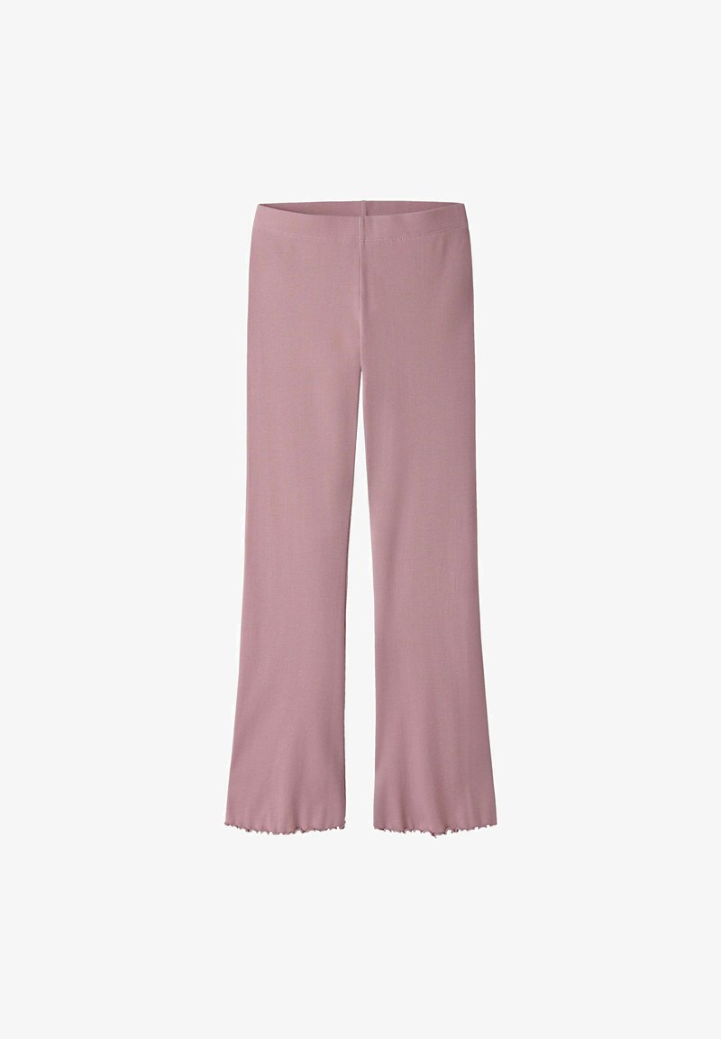 Pantalon droit mauve avec un ourlet légèrement froncé, réalisé en tissu tricoté côtelé, présenté à plat sur fond blanc.