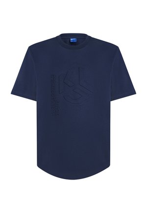 Mörkblå kortärmad t-shirt i bomull med prägling av logotyp och rundad nederkant. Enkelt mönster med en avslappnad passform.