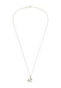 Gouden ketting met een kleurrijke eenhoornhanger. De eenhoorn heeft roze, blauwe en groene accenten en een gladde emaille textuur.
