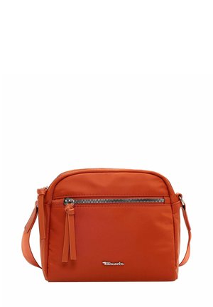 Orange nylon crossbody bag with a zippered front pocket, adjustable strap, and brand logo. Smooth texture, compact rectangular shape.
