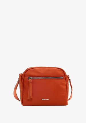 Orange nylon crossbody bag with a zippered front pocket, adjustable strap, and brand logo. Smooth texture, compact rectangular shape.