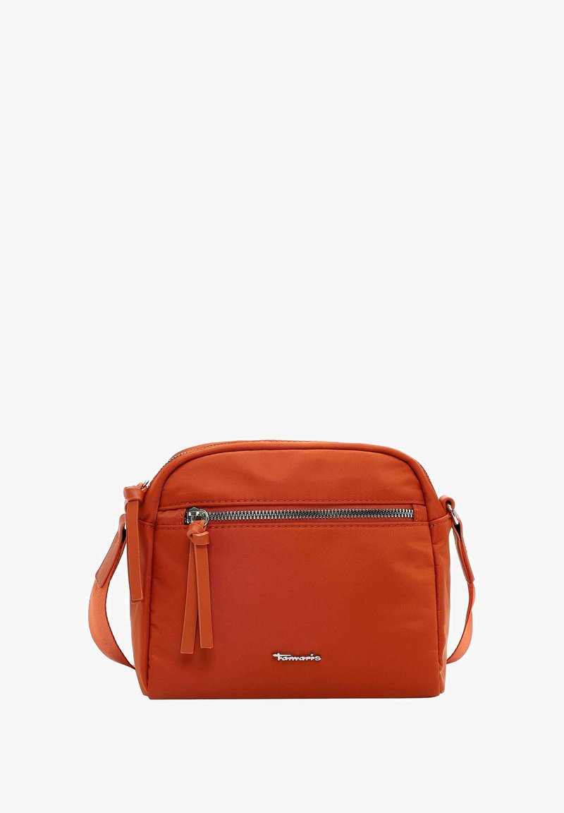 Orange nylon crossbody bag with a zippered front pocket, adjustable strap, and brand logo. Smooth texture, compact rectangular shape.