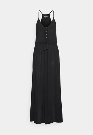 Abito maxi black con scollatura a V profonda, spalline regolabili, chiusura a bottoni e vita con cordoncino e pon pon. Tessuto morbido e fluido.