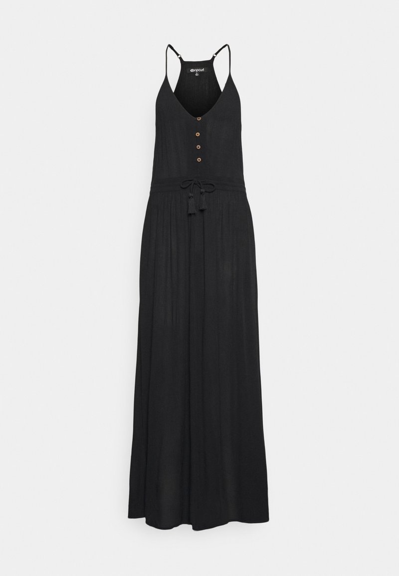Vestido maxi negro con escote en V profundo, tirantes finos ajustables, frente de botones y una cintura con cordón y borlas. Tejido suave y fluido.