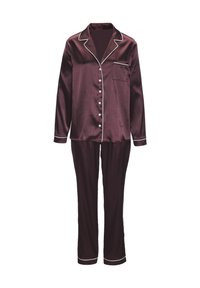 Burgundy satin pajama set with white piped trim, featuring a collared long-sleeve top with buttons and matching long pants with a pocket.