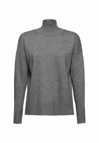 Pull à col roulé en maille côtelée grise avec manches longues et épaules tombantes, avec un ourlet droit et des poignets ajustés.