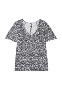 Blusa a maniche corte in tessuto blu navy con un motivo floreale in bianco e azzurro chiaro. Presenta un collo a V e un dettaglio a occhiello sul retro.