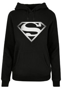 Black hoodie made of soft fabric, featuring a large white dotted Superman logo on the front, with a kangaroo pocket and drawstring hood.