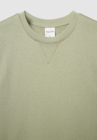 Felpa verde chiaro con scollo rotondo, polsini a costine e dettaglio a punto triangolare sullo scollo. Realizzata in tessuto morbido e strutturato.