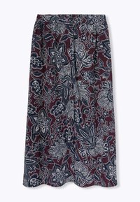 Jupe longue en tissu bourgogne avec un motif floral blanc. Taille élastique avec un détail de lien. Texture douce et silhouette fluide.