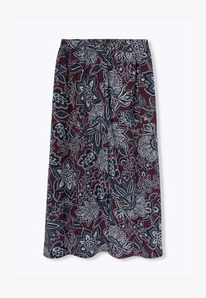 Jupe longue en tissu bourgogne avec un motif floral blanc. Taille élastique avec un détail de lien. Texture douce et silhouette fluide.