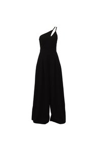 Μαύρη ολόσωμη φόρμα με σχεδιασμό ενός ώμου, εφαρμοστό μπούστο, παντελόνια με φαρδιά μπατζάκια και λεπτομέρειες με πιέτες για μια δομημένη σιλουέτα.